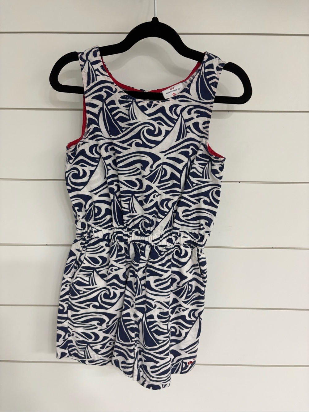 Vineyard Vines Navy and White Wave-Print Girls' Tank Romper with Red Trim